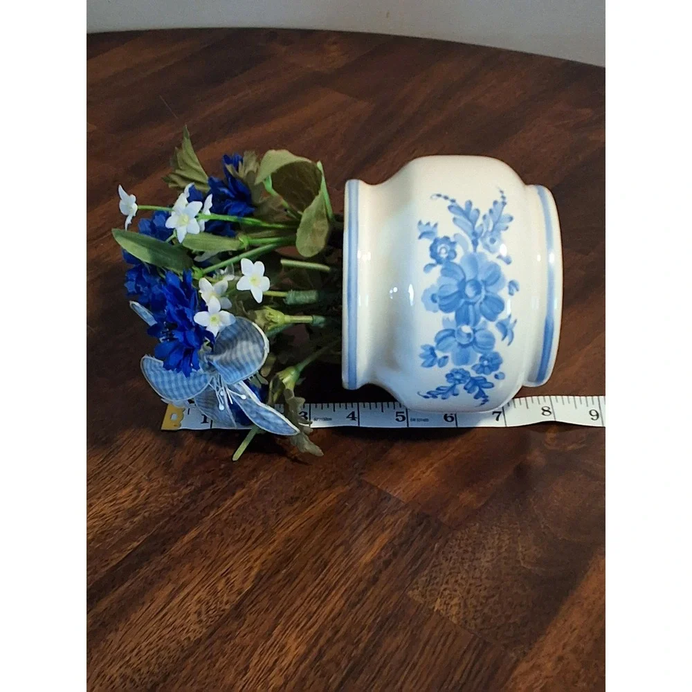 Vintage Blue and White Floral Ceramic Vase with Faux Cornflowers and Butterfly